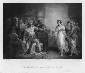 Samson og Delila, dommerne XVI, 21 (gravering)