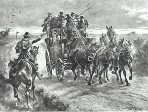 'Stand and Deliver', roadman holder opp diligensen på begynnelsen av 1800-tallet (litho) av Henry A. Payne
