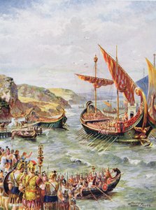 Romernes avgang fra Storbritannia etter plyndringen av Roma i 410 e.Kr., illustrasjon fra 