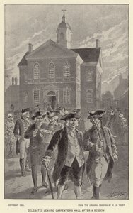 Delegater som forlater Carpenter's Hall etter en økt (litho) av Henry Alexander (after) Ogden