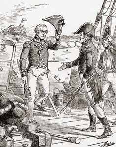 Kaptein Dacres fra HMS Guerriere overgir seg og tilbyr sverdet sitt til kaptein Hull ombord på USS Constitution etter hans nederlag under krigen i 1812, fra The History of Our Country, publisert 19. av Henry Alexander Ogden