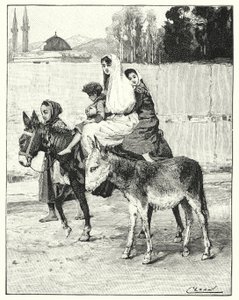 Flere personer som rir på et rumpe (litho)