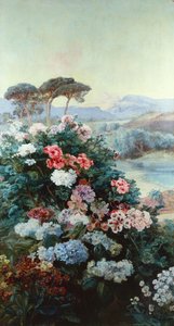 Kameliaer og andre blomster i et landskap (olje på lerret) av Henry Arthur Bonnefoy