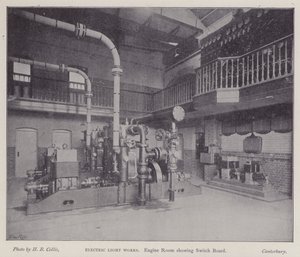 Maskinrom som viser sentralbord, Electric Light Works, Canterbury, Kent (s/h-bilde) av Henry Beauchamp Collis