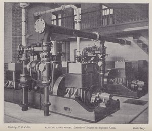 Interiør i motor- og dynamorom, Electric Light Works, Canterbury, Kent (s/hv-bilde) av Henry Beauchamp Collis