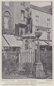 Minnesmerke over dramatikeren og poeten Christopher Marlowe, Buttermarket, Canterbury, Kent (s/hvitt-bilde) av Henry Beauchamp Collis