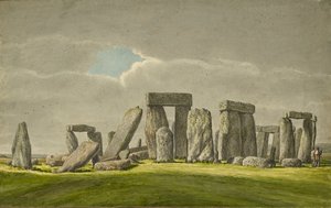 Stonehenge fra S.E., viser steiner i ødelagt tilstand med 2 besøkende, 1824-1839 av Henry Browne