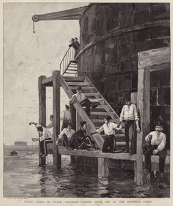 Britiske soldater som fisker fra et av fortene ved Spithead, Hampshire (litho) av Henry Charles Seppings Wright