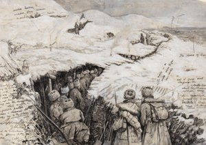 Galicia, russiske tropper i snøkledde åser, 13. mars 1916 (blekk og gouache på papir) av Henry Charles Seppings Wright
