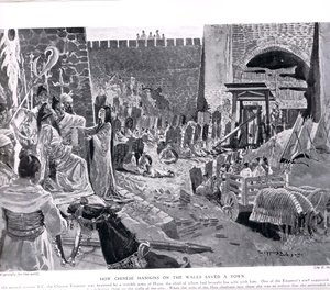 Hvordan kinesiske maninkiner på en vegg redder en by, illustrasjon fra 'Hutchinsons History of the Nations', ca. 1920 av Henry Charles Seppings Wright