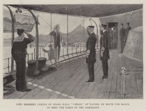 Lord Rosebery kommer ombord på HMS Caesar, i Napoli, på vei til Malta, for å møte Lords of the Admiralty av Henry Charles Seppings Wright