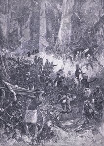Ashanti-krigen 1900: En kamp i skogen, illustrasjon fra Cassells History of England, 1900-tallet av Henry Charles Seppings Wright