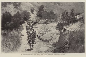 The Indian Frontier Rising, Camp Sheranni, Tochi Valley, Highlanders som marsjerer ned en Defile av Henry Charles Seppings Wright