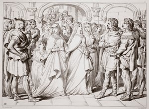Alftruda gjenkjenner Hereward, illustrasjon fra Hereward the Great av Charles Kingsley, pub. 1870, gravert av C.G. Lewis (gravering av stålplater) av Henry Courtney Selous