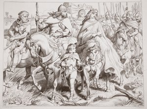 Hereward vokter Alftruda til et trygt sted, illustrasjon fra Hereward the Great av Charles Kingsley, pub. 1870, gravert av CG Lewis (stålplategravering) av Henry Courtney Selous
