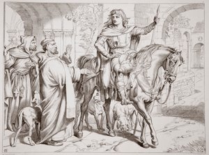 Hereward informerer onkelen Prior om at han er i ferd med å bli forbudt, illustrasjon fra Hereward the Great av Charles Kingsley, pub. 1870, gravert av C.G. Lewis (gravering av stålplater) av Henry Courtney Selous