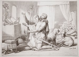 Hvordan Torfrida lærer Hereward å be, illustrasjon fra Hereward the Great av Charles Kingsley, pub. 1870, gravert av C.G. Lewis (gravering av stålplater) av Henry Courtney Selous