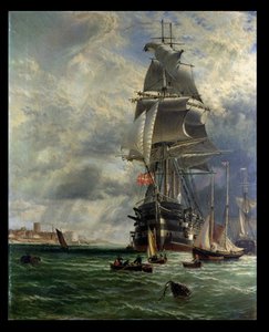 HMS St. Vincent ved hennes fortøyninger utenfor inngangen til Haslar Creek, Portsmouth, 1868 av Henry Dawson