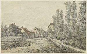 Landsbyvei med hus (i Tyskland?) av Henry Edridge