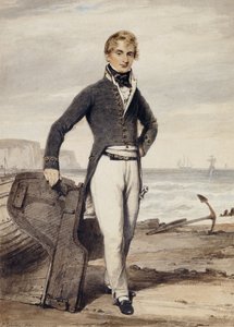 Portrett av Edward Pocock R.N., liten full lengde, stående ved siden av en strandet robåt ved lavvann,