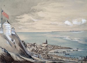 Fort og landsbyen Mackinaw, med det indiske leirleiret, september 1842 (wc på papir)