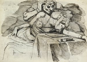 En kvinne som svimer ved et skrivebord, med en truende figur bak av Johann Heinrich Füssli