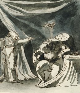 En gammel kvinne som bærer en rosenkrans og forbanner en sittende mann; Muligens dronning Margaret som forbanner hertugen av Gloucester, av Johann Heinrich Füssli