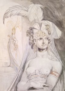 Halvfigur av en kurtisane med fjær, en sløyfe og et slør i håret, 1800-10 (blyant, wc og blekk på papir) av Johann Heinrich Füssli