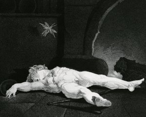 Puck soler seg i søvn foran Country Hearth, gravert av Moses Haughton Jr. av Johann Heinrich Füssli