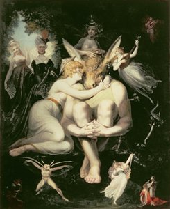 Titania Awakes, omgitt av ledsagende feer, klamrer seg henrykt til bunnen, fortsatt iført eselhodet, 1793-4 av Johann Heinrich Füssli