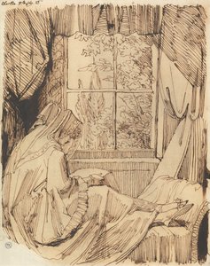 Kvinne leser, sitter foran et vindu av Johann Heinrich Füssli