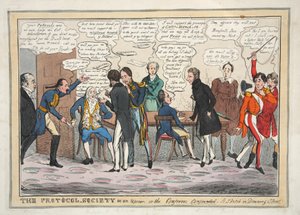 Protokollsamfunnet i et opprør, eller konferansedeltakerne forvirret. En skisse i Downing Street, pub. 1831 (håndfarget gravering)