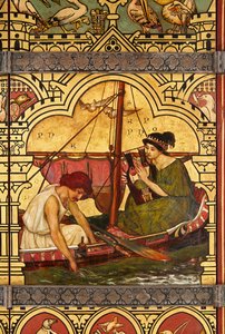 Sappho og Phaon, detalj av den store bokhyllen av Henry Holiday