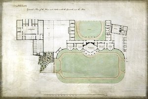 Brighthelmstone, eller Brighton Pavilion - generell plan for hus og stall med eiendom, som viser utvidelse av arkitekten Henry Holland (1745-1806), ca. 1801 (akvarell på papir) av Henry Holland