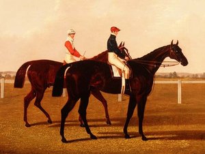 Veddeløpshestene "Charles XII" og "Euclid" med Jockeys Up
