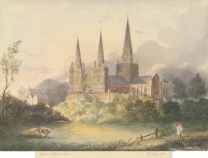Lichfield Cathedral - West View: vannfargemaleri, 1844