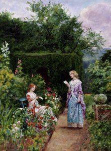 Nyheter fra utlandet. En ung kvinne, sittende på en benk i en hage, lytter til en annen kvinne som leser et brev. Maleri av Henry John Yeend King (1855–1924). Privat samling.