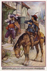 D'Artagnan vil ikke få hesten sin til å le av, scene fra The Three Musketeers, av Alexandre Dumas (farge litho)