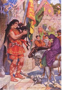 Flibbertigibbet kledd som en djevel pasifiserer kjempen når Wayland tar med Amy til Kenilworth Castle, illustrasjon fra Kenilworth, ca. 1910