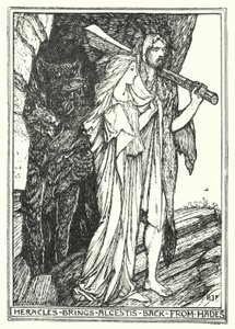 Heracles bringer Alcestis tilbake fra Hades (litho) av Henry Justice Ford