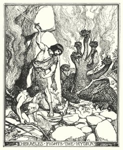 Herakles kjemper mot Hydra (litho) av Henry Justice Ford