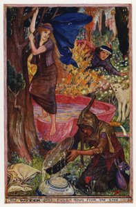 Hvordan en gutt blir et lam: heksen får Pulga ned fra treet (farge litho) av Henry Justice Ford