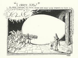 Jeg så en gang 12 menn som viste all kraft og kraft med koster for å dytte et monsteregg inn i en kjeller (gravering) av Henry Justice Ford