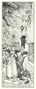 Lille John Wesley reddet fra brannen (litho) av Henry Justice Ford