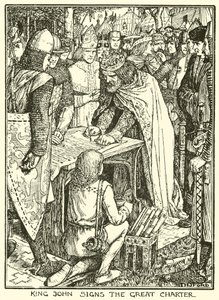 Magna Carta. Kong John signerer det store charteret (gravering) av Henry Justice Ford
