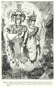 Manco Capac og Mama Ocllo Huaco, solens barn, kommer fra Titicacasjøen for å styre og sivilisere stammene … (litografi) av Henry Justice Ford