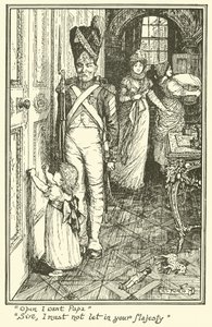 "Åpne jeg vil ha pappa". "Sire, jeg må ikke slippe inn Deres Majestet" (gravering) av Henry Justice Ford