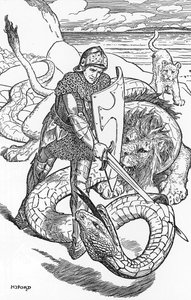 Percival fightint the slang Illustrasjon av HJ Ford (1860-1940) fra "The book of romantikk" 1902 Privat samling av Henry Justice Ford