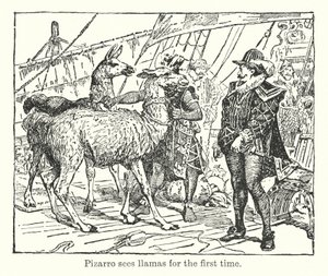 Pizarro ser lamaer for første gang (litografi) av Henry Justice Ford