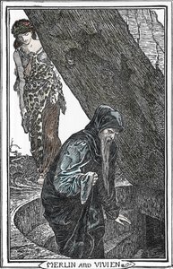 Representasjon av Merlin the Enchanter og Fee Viviane (Merlin anc Vivien) Illustrasjon av Henry Justice (HJ) Ford (1860-1941) fra "The book of romantikk"" 1902 Collection privee av Henry Justice Ford